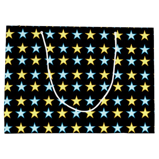 Elegant Geel & Blauw Sterrenpatroon op Zwart Groot Cadeauzakje (Achterkant)