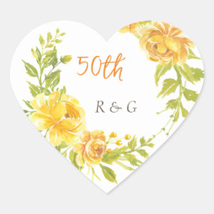 Elegant Geel Bloem 50ste Bruiloft Jubileum Hart Sticker