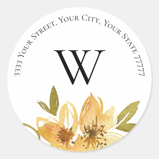 Elegant Geel Bloemen Monogram Retouradres Ronde Sticker (Voorkant)