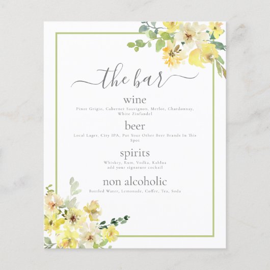 Elegant Geel Bloemen Salie Groen Bruiloft Bar Menu (Voorkant)