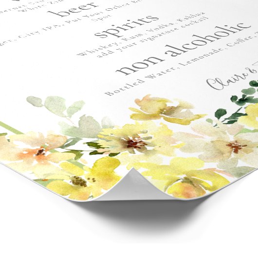 Elegant Geel Bloemen Salie Groen Bruiloft Bar Menu Poster (Hoek)