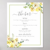Elegant Geel Bloemen Salie Groen Bruiloft Bar Menu Poster (Voorkant)