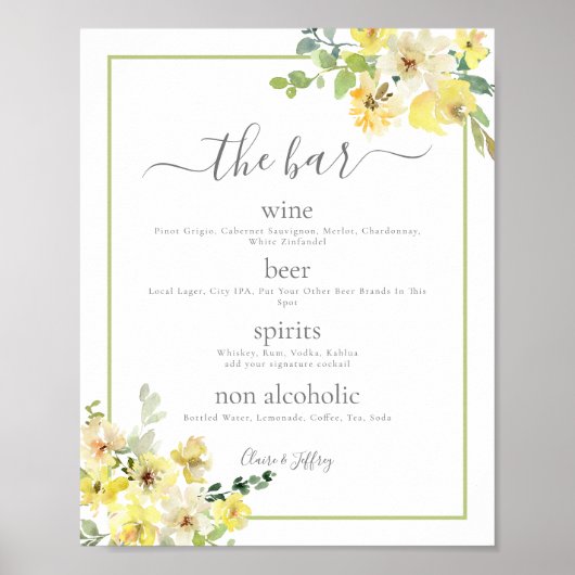 Elegant Geel Bloemen Salie Groen Bruiloft Bar Menu Poster (Voorkant)