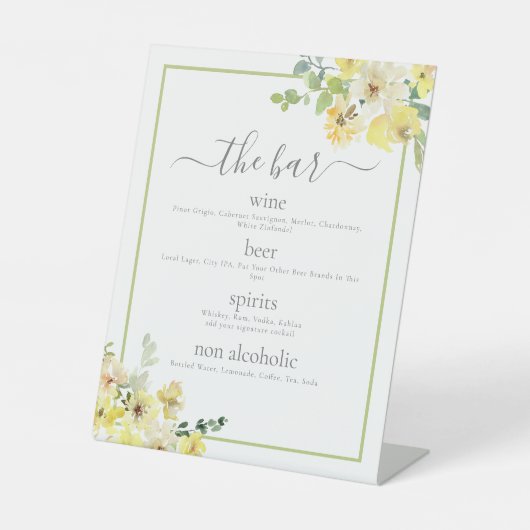 Elegant Geel Bloemen Salie Groen Bruiloft Bar Menu Reclamebord Met Voetstuk (Voorkant)