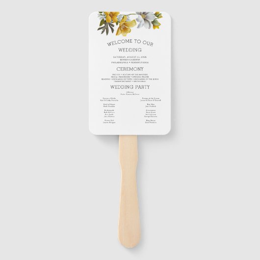 Elegant Geel Bloemen Trouwprogramma met Foto Handwaaier (Achterkant)