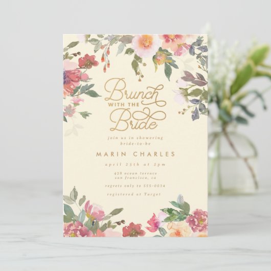 Elegant geel bloemengoud Vrijgezellenfeest brunch Kaart (Staand voorkant)