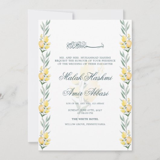 Elegant geel bloemengroen moslim bruiloft kaart (Voorkant)