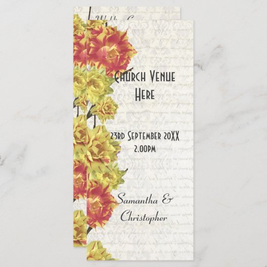Elegant geel bloemenkerk bruiloft programma programmakaart (Voorkant / Achterkant)