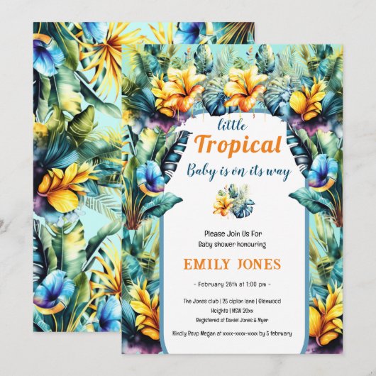 Elegant geel bloementropische boog baby shower kaart (Voorkant / Achterkant)