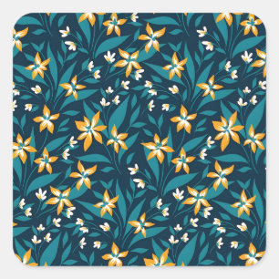 Elegant Geel Bloemmotief in Donkergroene Bladeren Vierkante Sticker