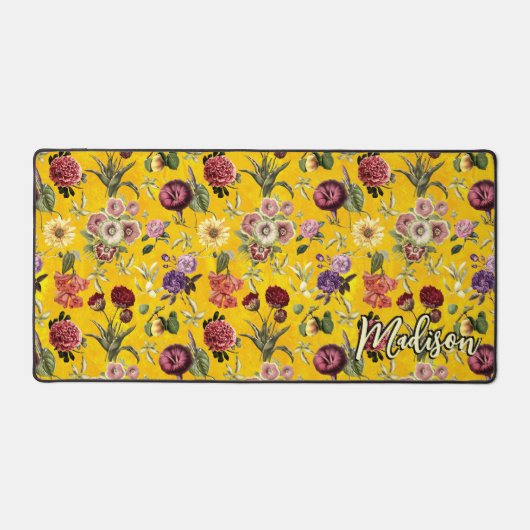 Elegant geel bloemmotief monogram bureaumat (Voorkant)