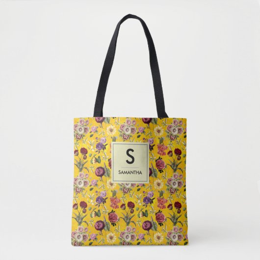 Elegant geel bloemmotief monogram tote bag (Voorkant)