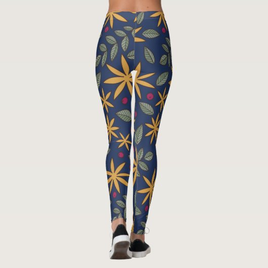 Elegant geel bloemmotief op blauw leggings (Achterkant)