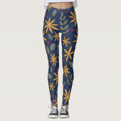 Elegant geel bloemmotief op blauw leggings (Voorkant)