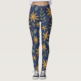 Elegant geel bloemmotief op blauw leggings