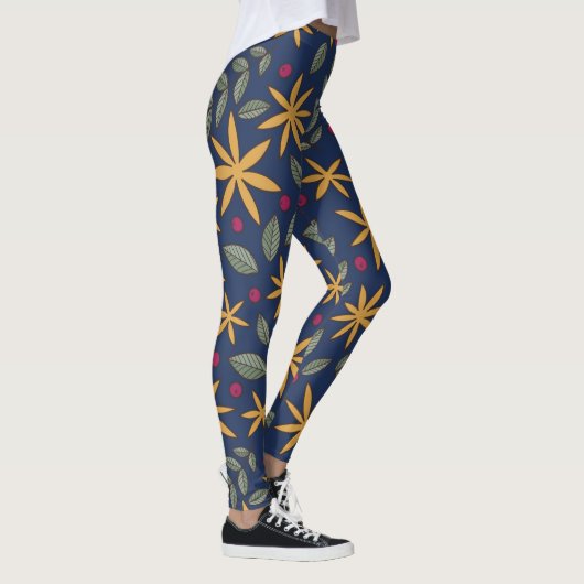 Elegant geel bloemmotief op blauw leggings (Rechts)