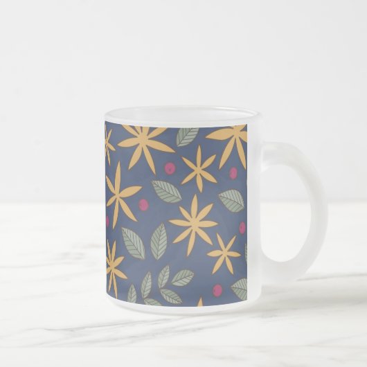 Elegant geel bloemmotief op blauw matglas koffiemok (Rechts)