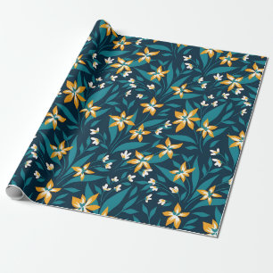 Elegant Geel Bloempatroon in Donkergroene Bladeren Cadeaupapier
