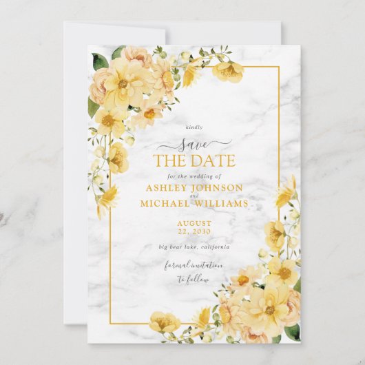 Elegant Geel en Grijze Floral Marble Save the Date (Voorkant)