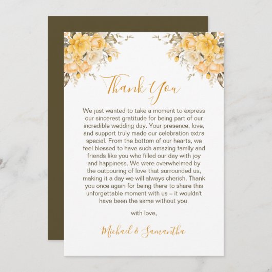 Elegant Geel en Ivoor Roos Bruiloft Bedankkaart (Voorkant / Achterkant)