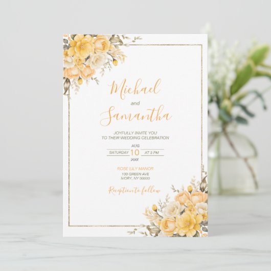 Elegant Geel en Ivoor Roos Bruiloft Kaart (Staand voorkant)