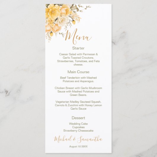 Elegant Geel en Ivoor Roos Bruiloft Menu (Voorkant)