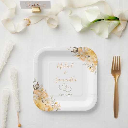 Elegant Geel en Ivoor Roos Bruiloft Papieren Bordje (Huwelijk)