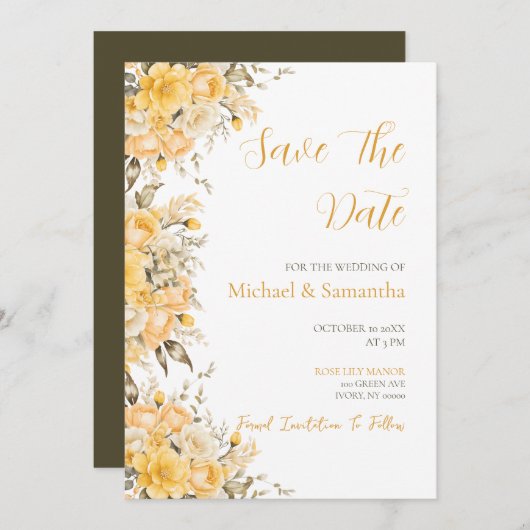 Elegant Geel en Ivoor Roos Bruiloft Save The Date (Voorkant / Achterkant)