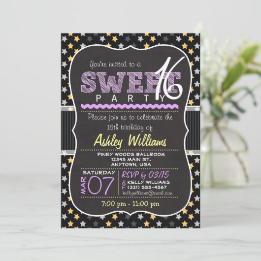 Elegant geel en Paarse sterren Sweet 16 Party Kaart (Staand voorkant)