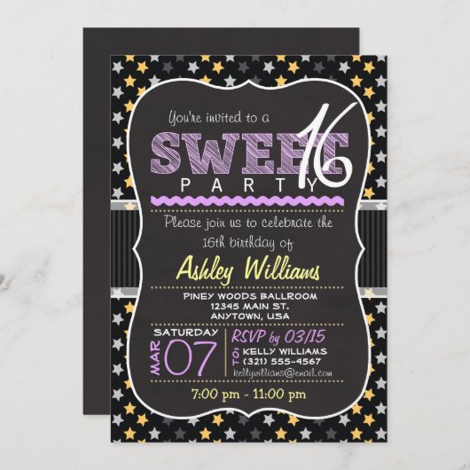 Elegant geel en Paarse sterren Sweet 16 Party Kaart (Voorkant / Achterkant)