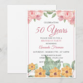 Elegant Geel en Roze Floral Birthday Kaart (Voorkant / Achterkant)