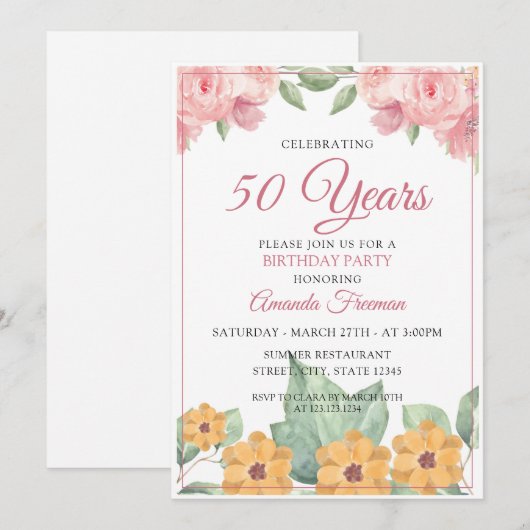 Elegant Geel en Roze Floral Birthday Kaart (Voorkant / Achterkant)