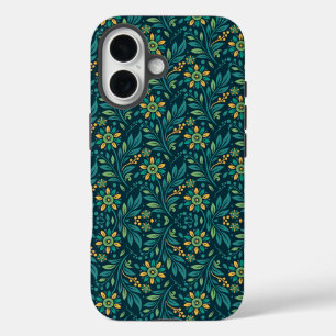 Elegant Geel en Teal Bloemmotief Ontwerp iPhone 16 Hoesje