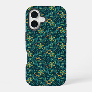 Elegant Geel en Teal Bloemmotief Ontwerp iPhone 16 Hoesje