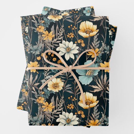 Elegant Geel en Zwart Bloemen Inpakpapier Vel (In situ)