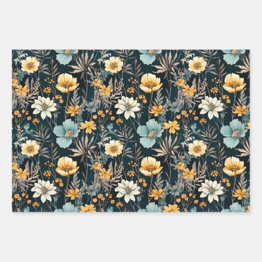 Elegant Geel en Zwart Bloemen Inpakpapier Vel (Voorkant)