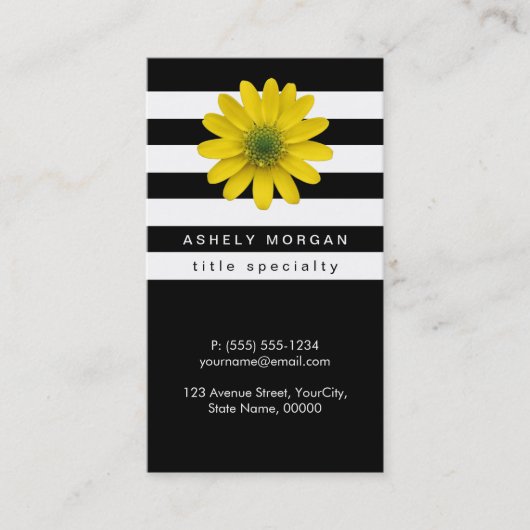 Elegant Geel Gerbera Daisy - Zwarte Witte Stripes Visitekaartje (Voorkant)