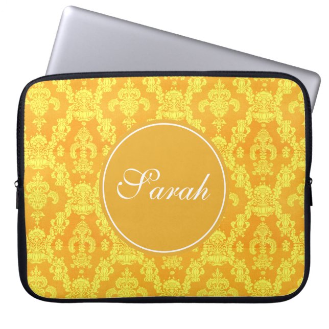 elegant geel golden damask monogram grafisch laptop sleeve (Voorkant)