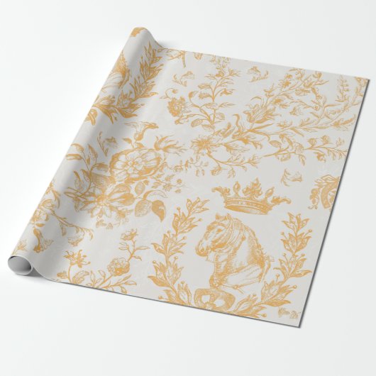 Elegant Geel Goud Beige Equestrian Floral Toile Cadeaupapier (Uitgerold)