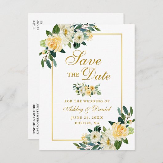 Elegant Geel Goud Bloemen Save the Date Aankondigingskaart (Voorkant / Achterkant)