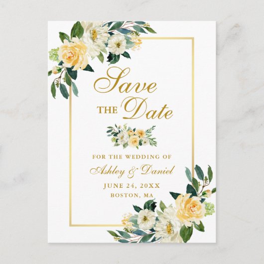Elegant Geel Goud Bloemen Save the Date Aankondigingskaart (Voorkant)