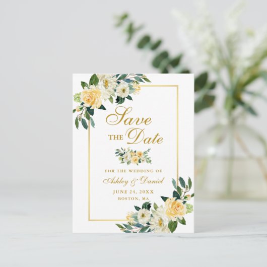 Elegant Geel Goud Bloemen Save the Date Aankondigingskaart (Staand voorkant)