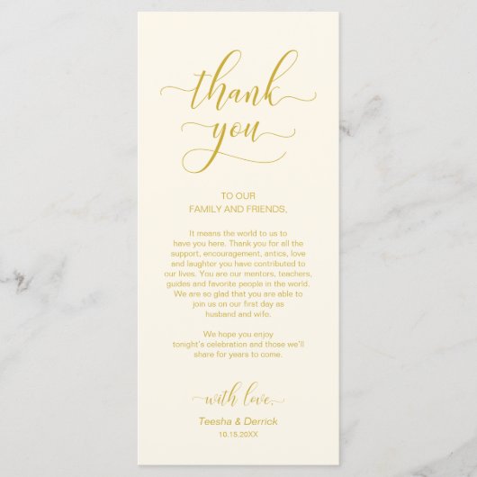 Elegant Geel Goud, Plaatsinstelling Dank u kaart (Voorkant)