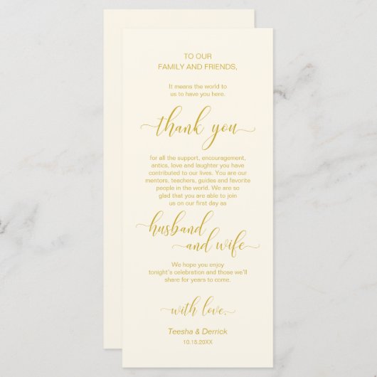 Elegant Geel Goud, Plaatsinstelling Dank u kaart (Voorkant / Achterkant)