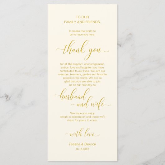 Elegant Geel Goud, Plaatsinstelling Dank u kaart (Voorkant)