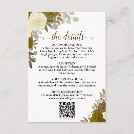 Elegant Geel Goud Rozen Bruiloft Details QR Code Informatiekaartje (Voorkant)