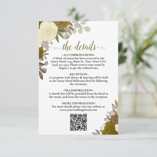 Elegant Geel Goud Rozen Bruiloft Details QR Code Informatiekaartje (Staand voorkant)