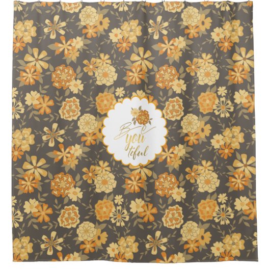 Elegant geel goud Sinaasappel bloemen op bruin Douchegordijn (Voorkant)