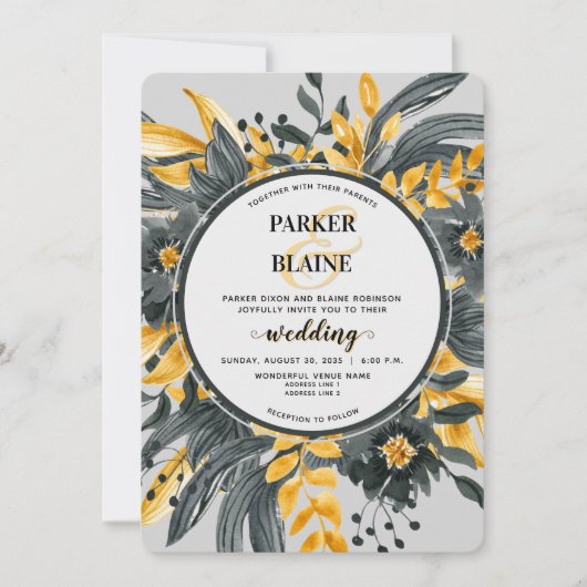 Elegant Geel & Grijs Bloemen Modern Script Bruilof Kaart (Voorkant)