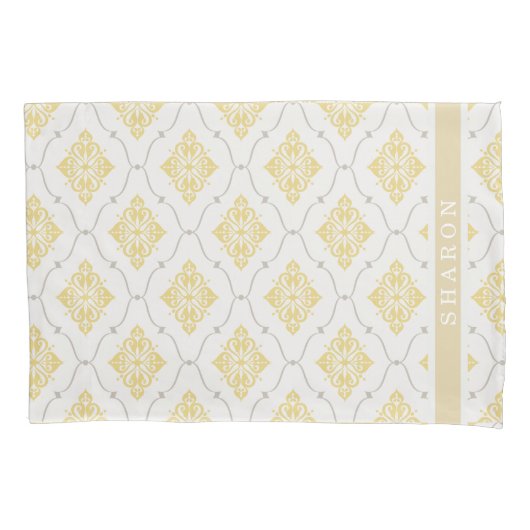 elegant geel grijs damast patroon monogram kussensloop (Voorkant)